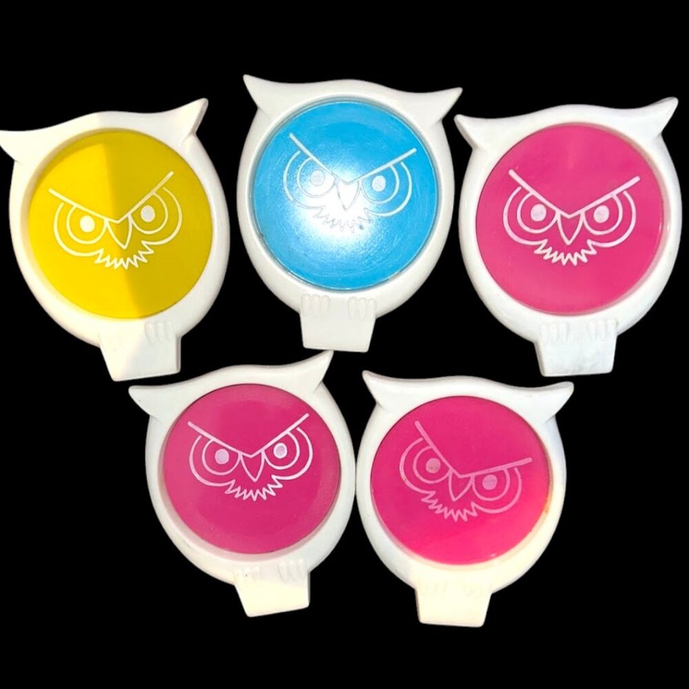 Vintage Mid Century Modern White Plastic Owl Face Coasters Set of 5